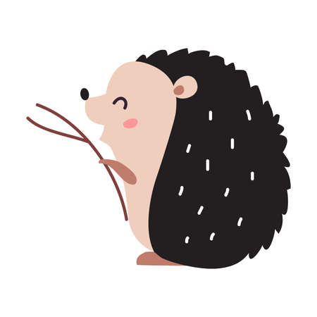 Cute Prickly Hedgehog as Forest Animal Standing with Branch Vector Illustrationのイラスト素材