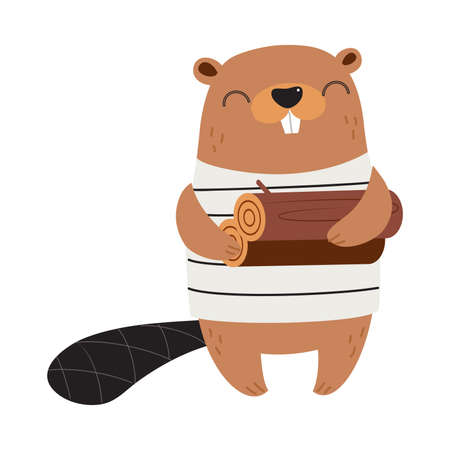 Cute Beaver as Forest Animal Holding Pile of Logs Vector Illustrationのイラスト素材