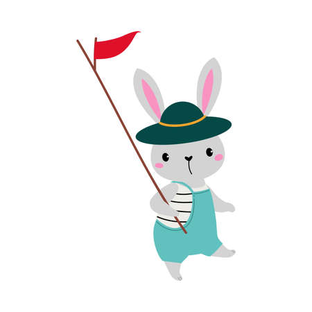 Cute Hare as Forest Animal in Jumpsuit Walking with Red Flag on Pole Vector Illustrationのイラスト素材