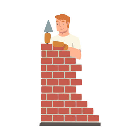 Handyman or Fixer as Skilled Man Laying Bricks Engaged in Home Repair Work Vector Illustrationのイラスト素材