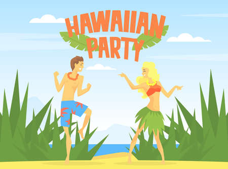 Hawaiian Party with Male and Female Dancing on Sandy Tropical Beach Vector Illustrationのイラスト素材