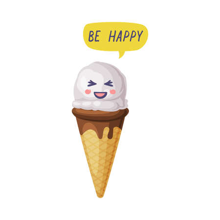 Funny Ice Cream in Waffle Cone with Happy Smiling Face and Speech Bubble Vector Illustrationのイラスト素材
