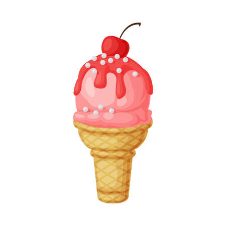 Pink Ice Cream Ball in Waffle Cup as Frozen Dessert and Sweet Snack Vector Illustrationのイラスト素材