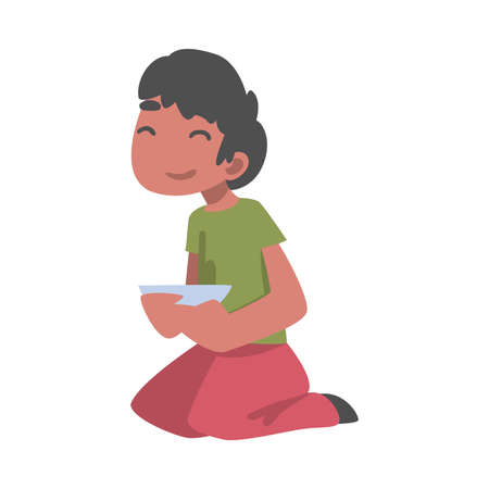 Indian Boy Character Sitting on the Floor with Bowl Having Meal Vector Illustrationのイラスト素材