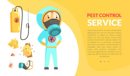 Insect Control and Disinfestation Service with Man in Protective Outfit Engaged in Bug Extermination Vector Templateのイラスト素材