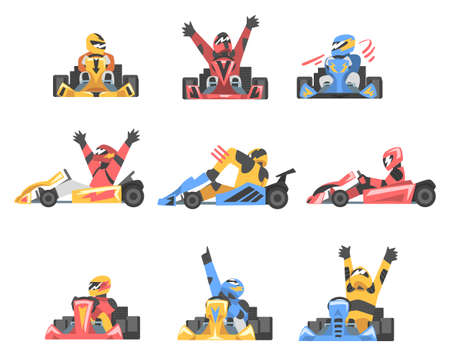 Kart Racing or Karting with Man Racer in Open Wheel Car Engaged in Motorsport Road Extreme Driving Vector Setのイラスト素材