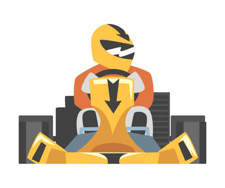 Kart Racing or Karting with Man Racer in Open Wheel Car Engaged in Motorsport Road Extreme Driving Vector Illustrationのイラスト素材