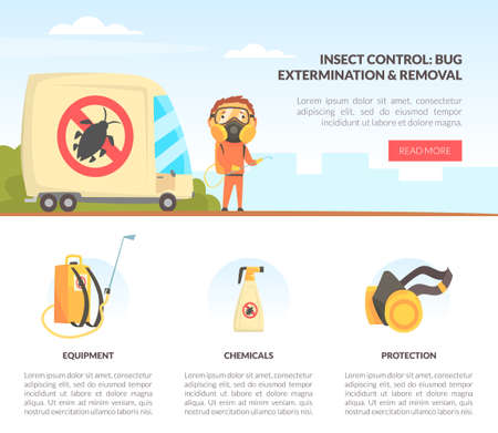 Insect Control and Disinfestation Service with Man in Protective Outfit Engaged in Bug Extermination Vector Templateのイラスト素材