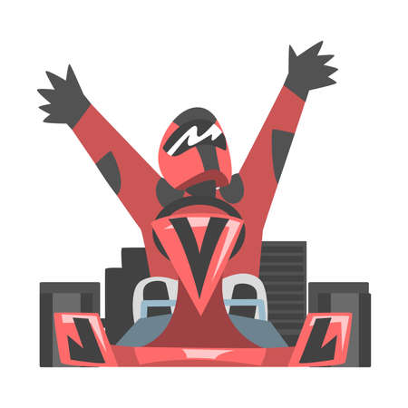 Kart Racing or Karting with Man Racer in Open Wheel Car Engaged in Motorsport Road Extreme Driving Vector Illustrationのイラスト素材