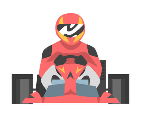 Kart Racing or Karting with Man Racer in Open Wheel Car Engaged in Motorsport Road Extreme Driving Vector Illustrationのイラスト素材