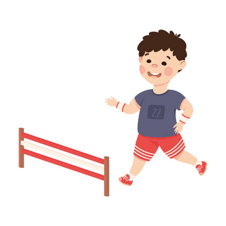 Cute Little Boy Running Jumping Over Obstacle Practicing Sport and Physical Activity Vector Illustrationのイラスト素材