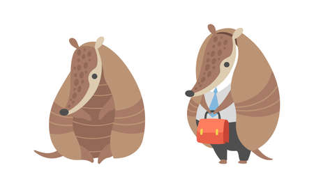 Cute Armadillo Character with Armor Shell Sitting and Standing in Office Suit with Briefcase Vector Setのイラスト素材