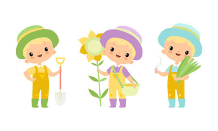 Little Blond Boy in Jumpsuit and Hat at Farm with Sunflower and Shovel Vector Setのイラスト素材