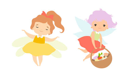 Little Fairy or Pixie with Wings as Woodland Nymph Hovering with Basket Full of Mushroom Vector Setのイラスト素材