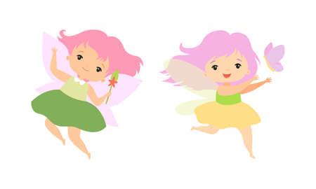 Little Fairy or Pixie with Wings as Woodland Nymph Hovering with Magic Wand and Butterfly Vector Setのイラスト素材