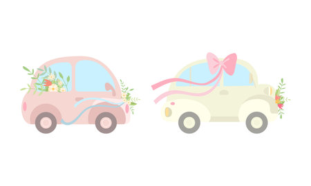 Vintage Car Decorated with Flowers and Ribbon as Wedding Retro Vehicle Vector Setのイラスト素材