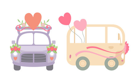 Vintage Car Decorated with Flowers and Heart as Wedding Retro Vehicle Vector Setのイラスト素材