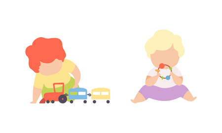 Baby Boy Sitting on the Floor and Playing Toys in Nursery Vector Setのイラスト素材
