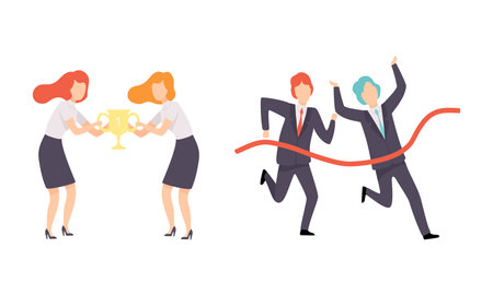 Business and Career Competition with Man and Woman Office Worker Having Rivalry Running Marathon and Winning Cup Vector Setのイラスト素材