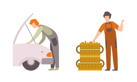 Man Mechanic in Overall Maintaining and Repairing Machinery Vector Setのイラスト素材