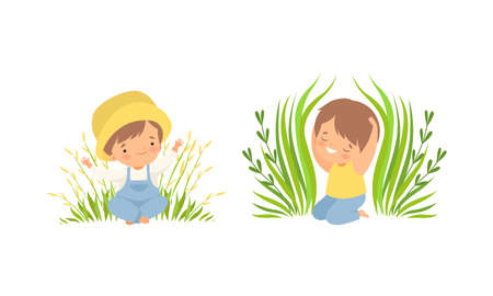 Cute Little Boy Sitting on Green Meadow Grass and Smiling Vector Setのイラスト素材