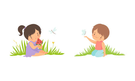 Cute Little Boy and Girl Sitting on Green Meadow Grass with Blooming Flower Vector Setのイラスト素材
