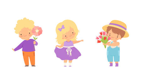 Cute Little Boy Giving Flowers to Girl Expressing Congratulations Vector Setのイラスト素材
