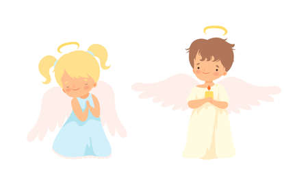 Cute Baby Angels with Nimbus and Wings Vector Setのイラスト素材