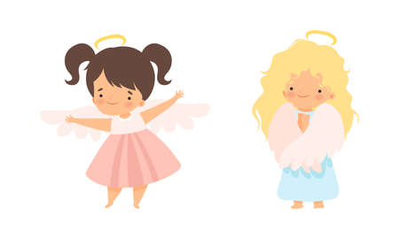 Cute Baby Angels with Nimbus and Wings Vector Setのイラスト素材