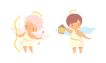 Cute Baby Angels with Nimbus and Wings Vector Setのイラスト素材