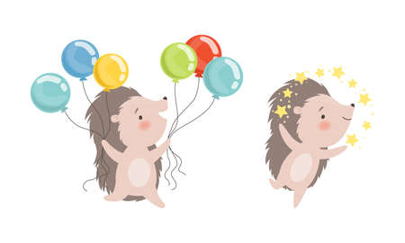Funny Grey Hedgehog Carrying Bunch of Balloon Vector Setのイラスト素材