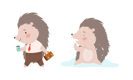 Funny Grey Hedgehog Crying and Walking with Coffee and Briefcase in the Office Vector Setのイラスト素材