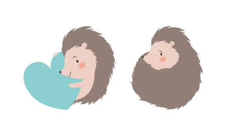 Funny Grey Hedgehog Curled Up and Embracing Heart Vector Setのイラスト素材