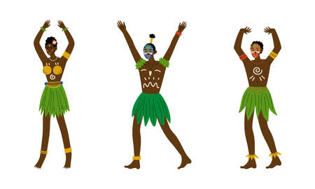 African Aboriginal Man and Woman with Painted Face Dressed in Traditional Tribal Clothing Vector Setのイラスト素材