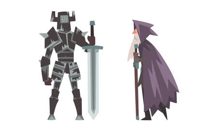 Medieval Black Knight in Armour with Sword and Bearded Wizard in Hooded Cloak Vector Setのイラスト素材