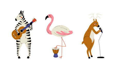 Funny Zebra and Flamingo Character Playing Drum and Guitar Performing Concert Vector Setのイラスト素材