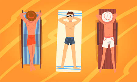 Man Character Sunbathing Lying on Blanket at Sandy Beach Enjoying Hot Summer Vector Set