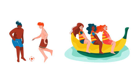 Woman on Banana Boat or Water Sled and Man Playing Football at Shore Vector Setのイラスト素材