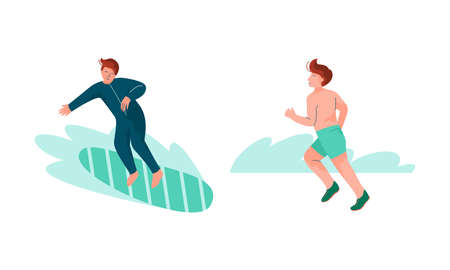 Man with Surfboard Sliding on Wave and Running Along Shore Vector Setのイラスト素材