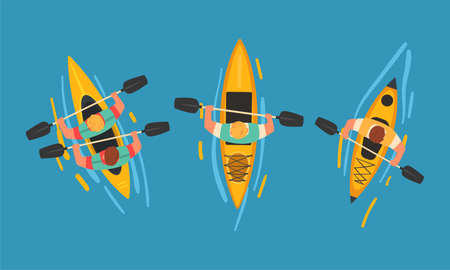 Man Rafting on Inflatable Raft with Paddle or Oar Above View Vector Setのイラスト素材