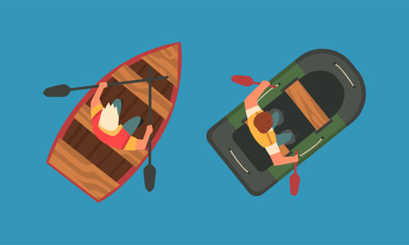Man Rowing Boat with Paddle or Oar Drifting on Blue Surface of Water Above View Vector Setのイラスト素材