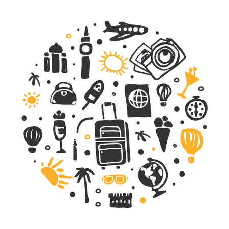 Time to Travel Original Design with Vacation Symbol Arranged in Circle Vector Templateのイラスト素材