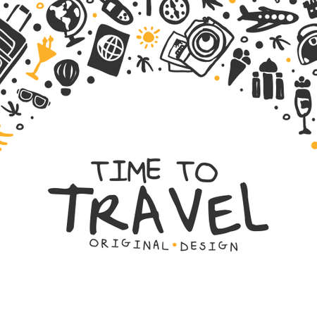 Time to Travel Original Design with Passport and Camera Vector Templateのイラスト素材