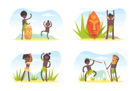 African Tribe People Character in Traditional Loincloth and Palm Leaf with Spear and Drum Vector Setのイラスト素材
