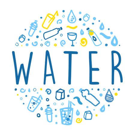 Natural Water Hand Drawn Design with Pure Fresh Drop and Bottle Arranged in Circle Vector Templateのイラスト素材