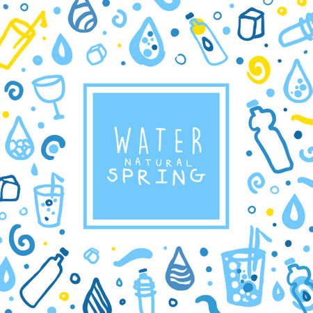 Natural Water Hand Drawn Design with Pure Fresh Drop and Bottle Vector Templateのイラスト素材