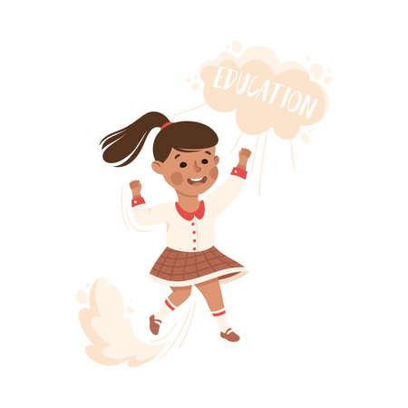 Superhero Little Girl at School Flying Up Achieving Goal and Gaining Knowledge Vector Illustrationのイラスト素材