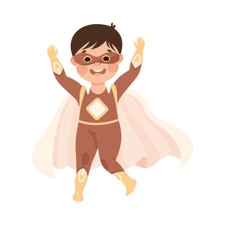 Little Boy Wearing Costume of Superhero Pretending Having Power for Fighting Crime Vector Illustrationのイラスト素材