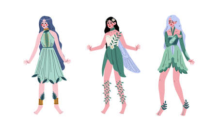 Magic Forest Fairy or Pixie with Wings and in Light Dress Vector Setのイラスト素材