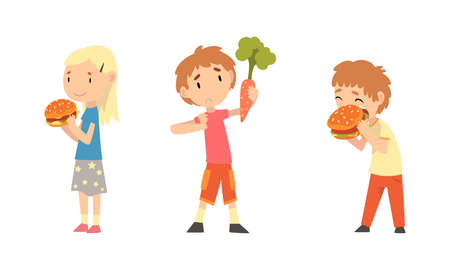 Little Girl with Hamburger and Boy Rejecting Eating Carrot Vector Setのイラスト素材